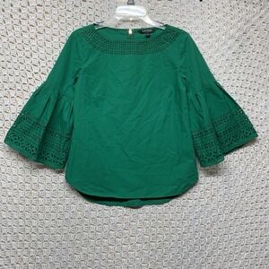 Lauren Ralph Lauren Blouse Top Women Sz S Green Poplin Bell Sleeve Shirt